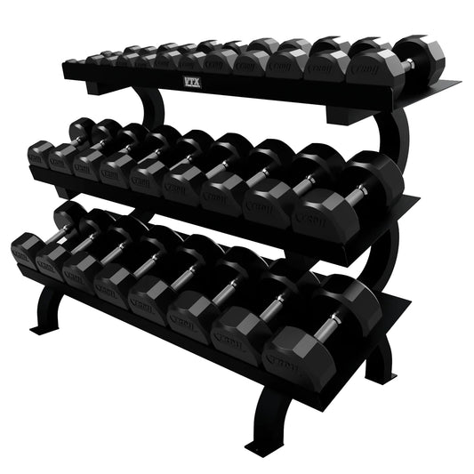 Troy Barbell VTX GTDR-3 Three Tier Shelf Dumbbell Rack shown with TSD-R 12 Sided Rubber encased Dumbbells.