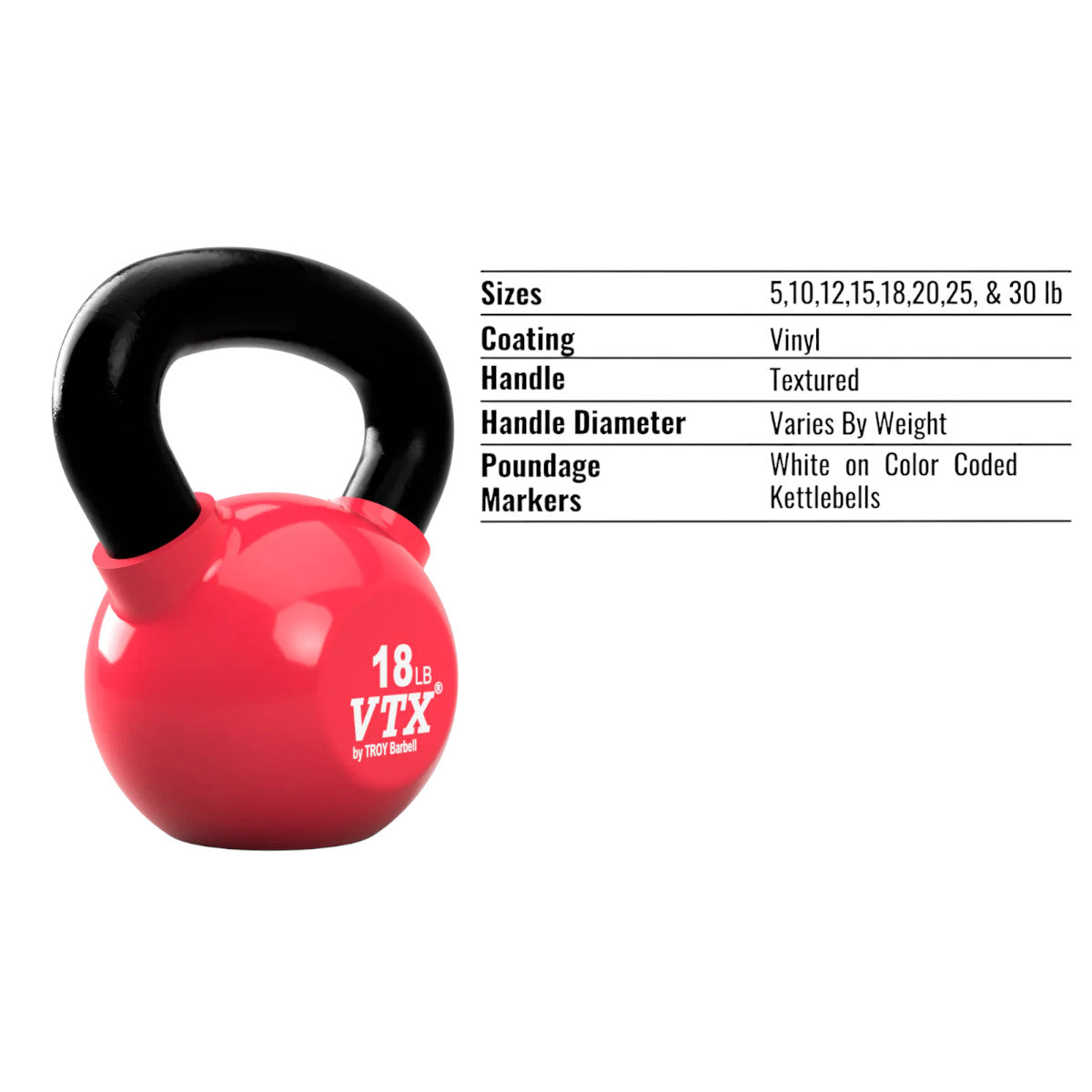 Troy Barbell VTX VKB Vinyl Kettlebell specifications.