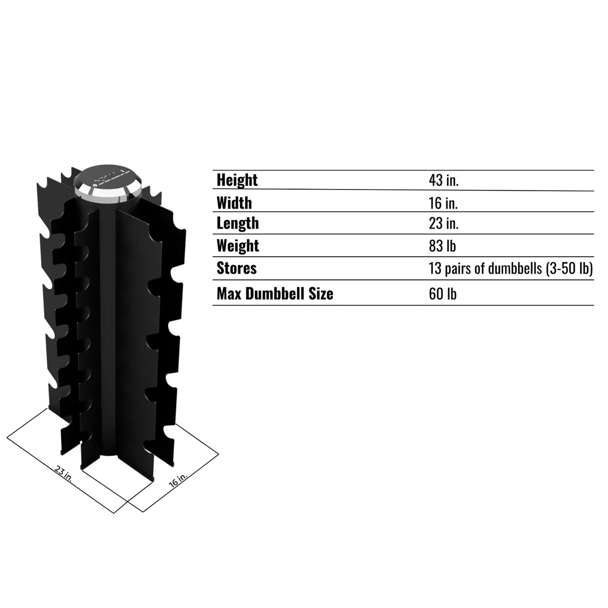 Troy Barbell VTX GVDR-13 Four Sided Vertical Dumbbell Rack Specifications.