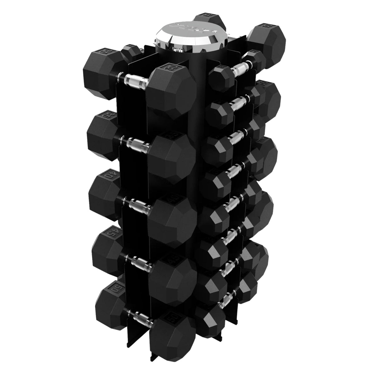 Troy Barbell VTX GVDR-13 Four Sided Vertical Dumbbell Rack shown with SD-R Rubber Encased Dumbbells.