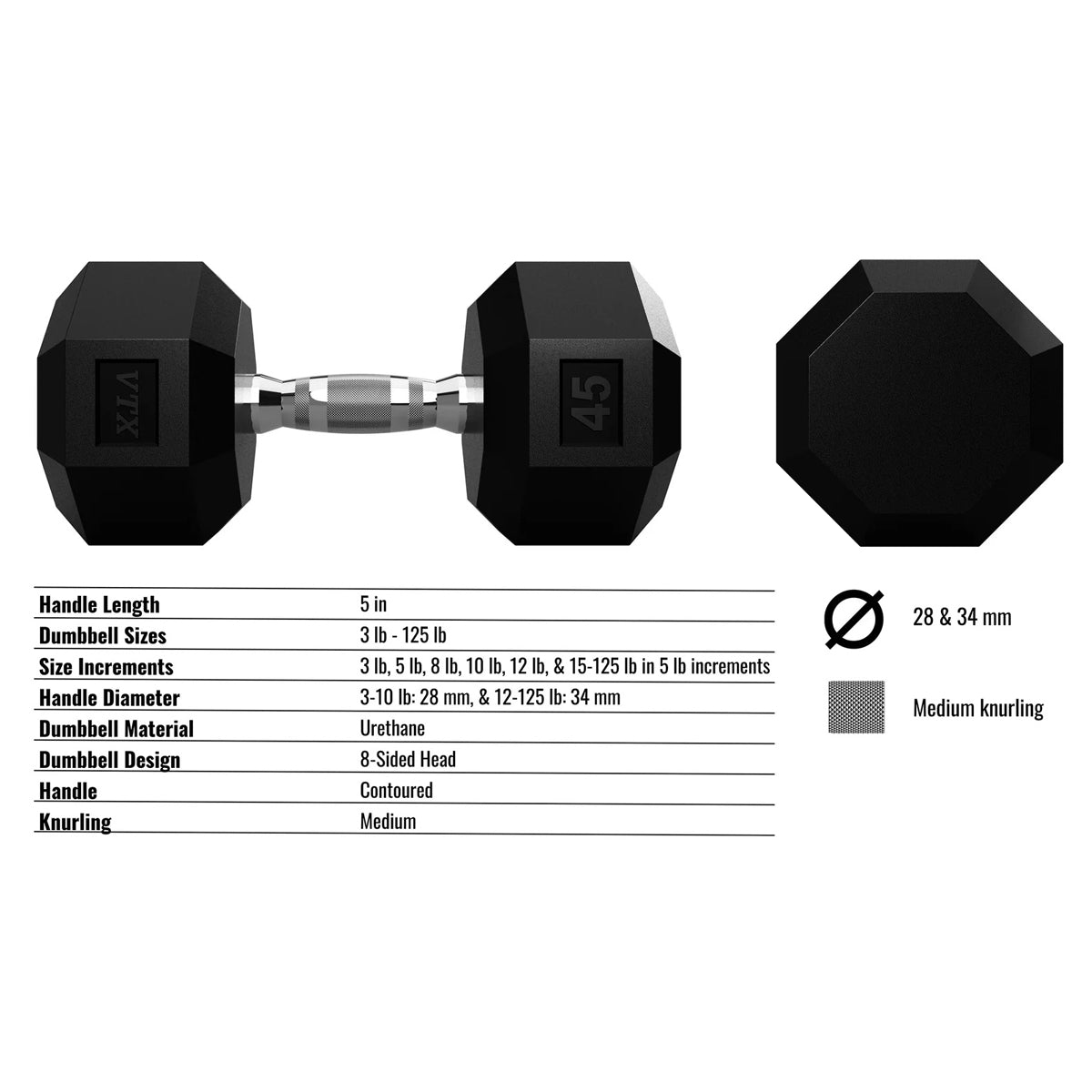 Troy Barbell VTX Troy SD-U 8 Sided Urethane Encased Dumbbell specifications.