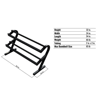 Troy Barbell VTX T-DR Two Tier Horizontal Dumbbell Rack Specifications.