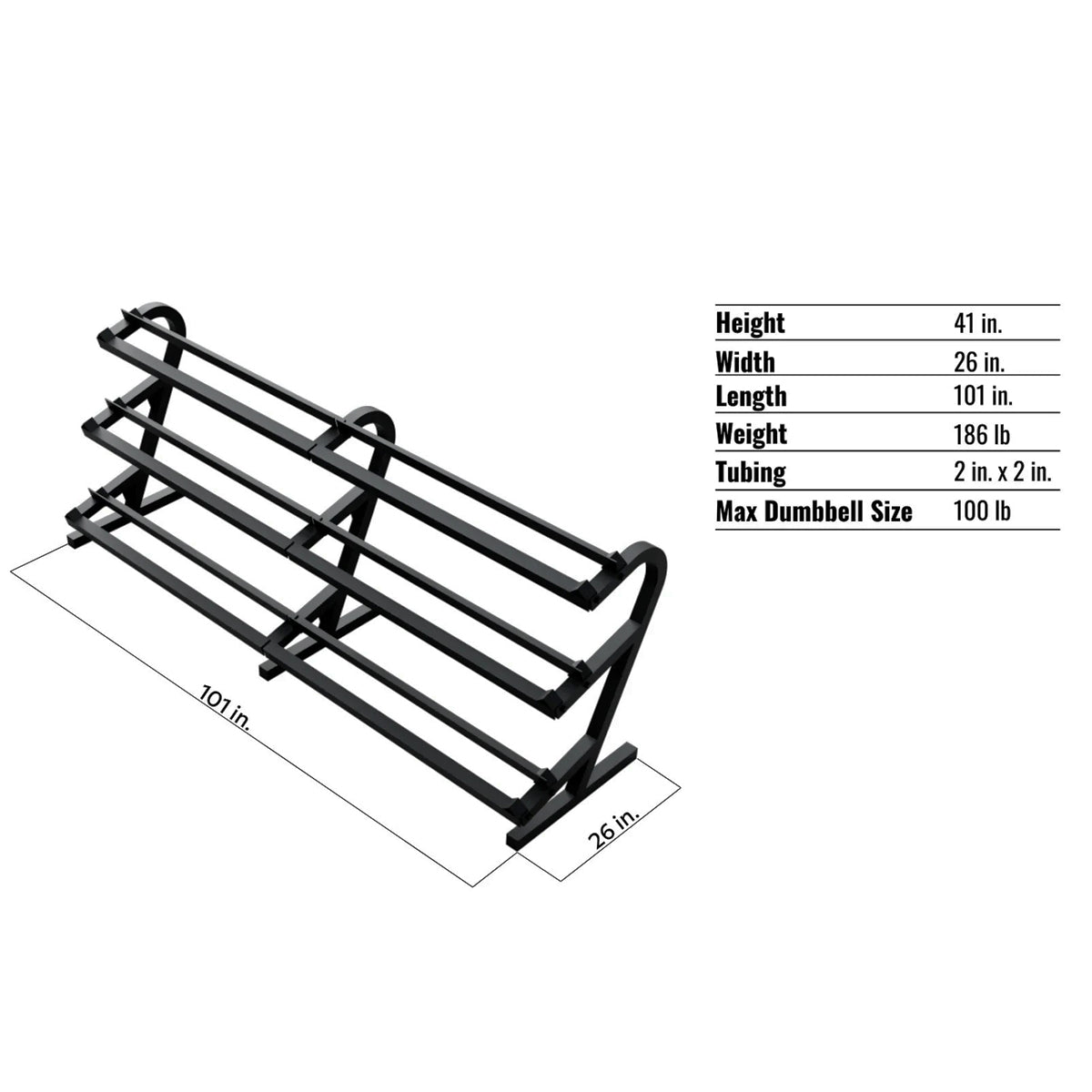 Troy Barbell VTX TDR-3 Three Tier Horizontal Dumbbell Rack specifications.