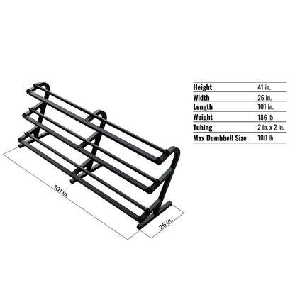 Troy Barbell VTX TDR-3 Three Tier Horizontal Dumbbell Rack specifications.