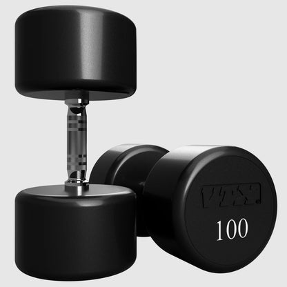 Troy Barbell VTX XD-100U Urethane 100lb Dumbbell pair close up.