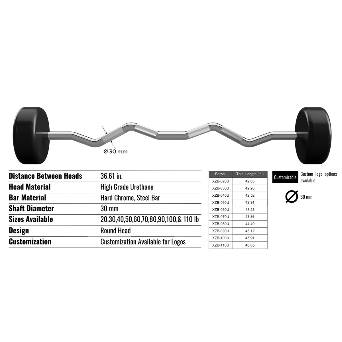 Troy Barbell VTX XZB-U EZ Curl Urethane Barbell specifications.
