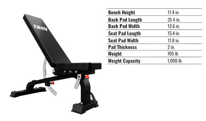 Troy Barbell GTBH-FID Adjustable Weight Bench Specifications.