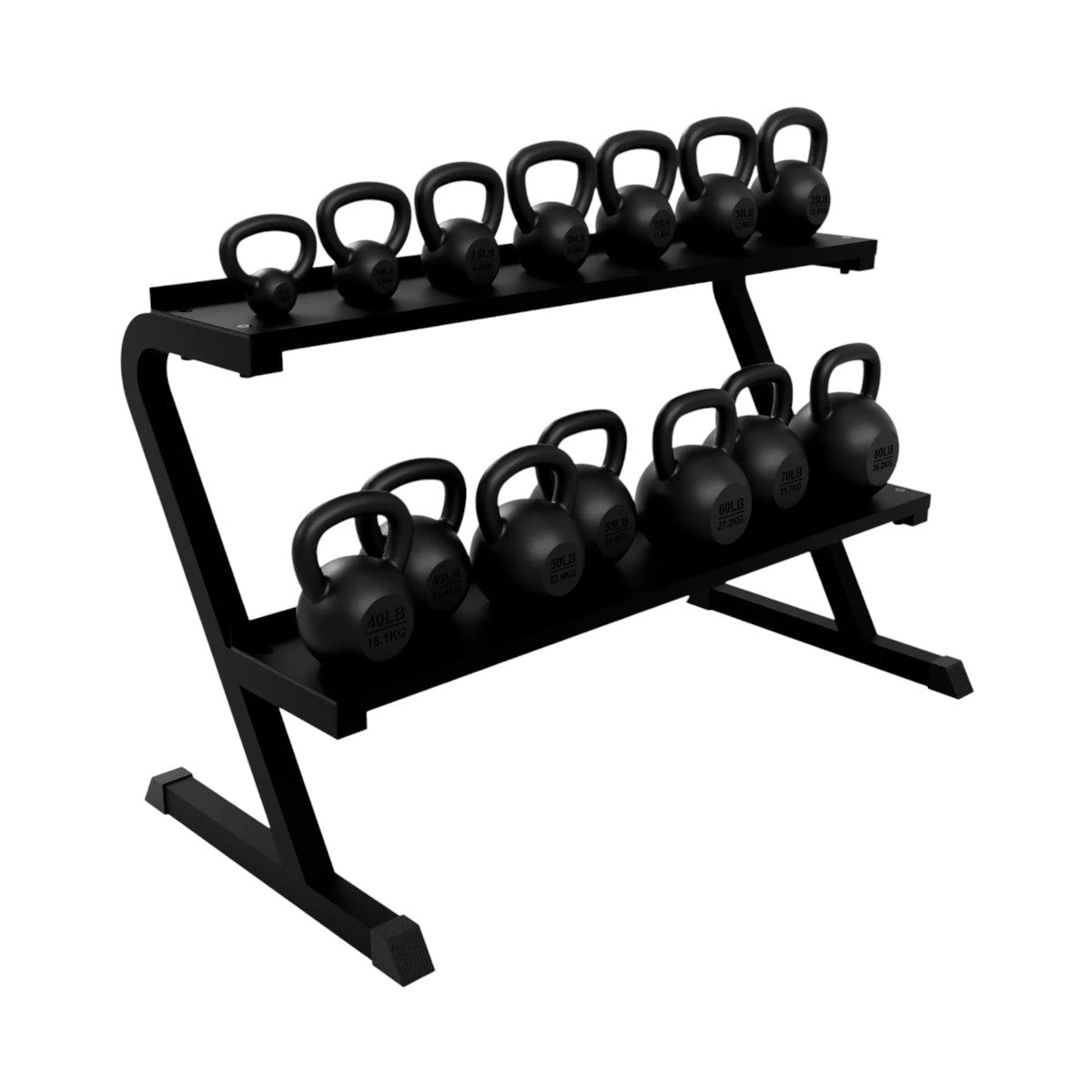 Troy Barbell VTX KBR-14 Horizontal Kettlebell Rack shown with kettlebells.